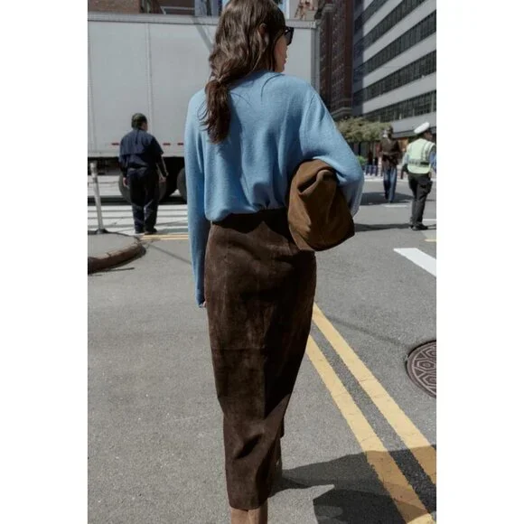 ZARA 100% LEATHER WRAP MIDI SKIRT - Picture 5 of 8